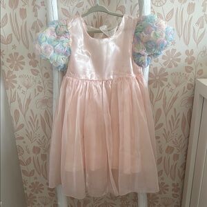Lola + The Boys Pink Shimmer Satin Dress with Pastel Rosette Sleeves